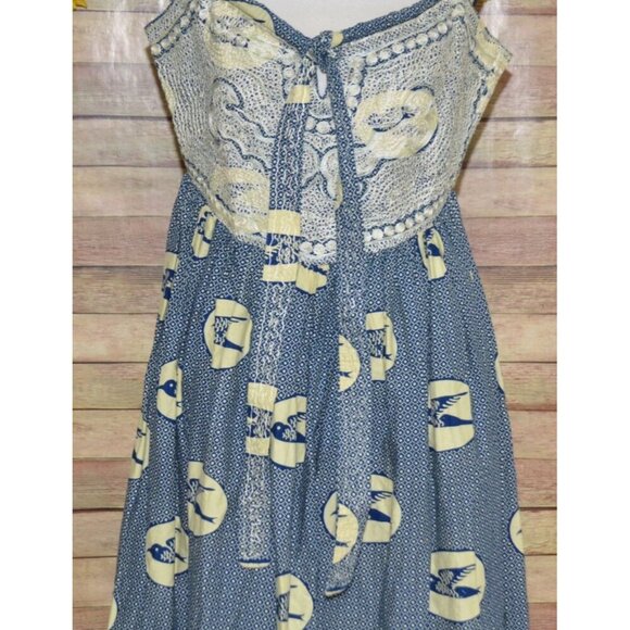 Hand Made Blue & Beige Nautical Coastal Sundress Size L Embroidered Bird Pattern - Picture 3 of 14